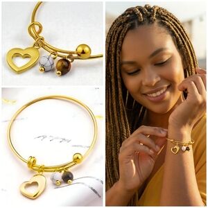 Boho Chic Bangle with Heart Tiger's Eye & Magnesite Charms 18K Gold Plated